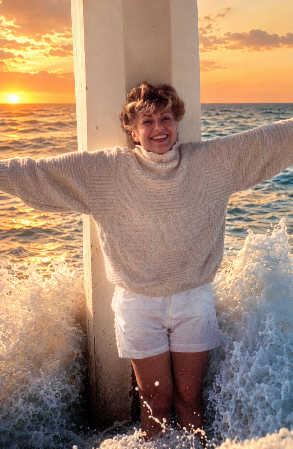 My mother at the shore at sunset, arms open to the sea.