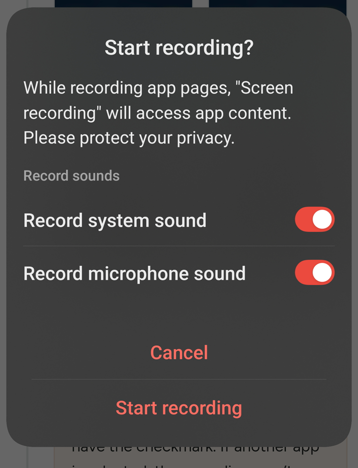 Start recording dialog showing the Record system sound and Record microphone sound switches