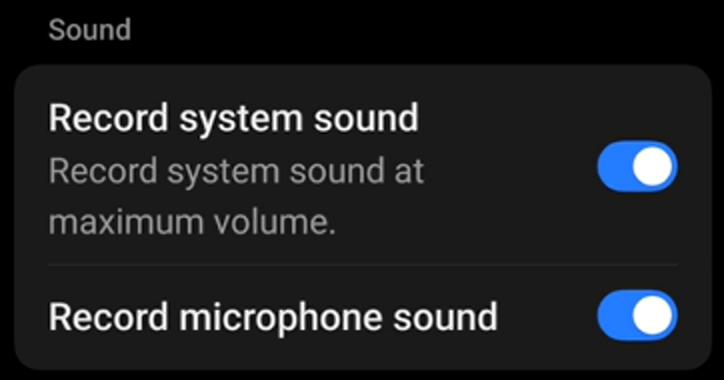 Screen recording sound settings, with Record system sound and Record microphone sound both switched on