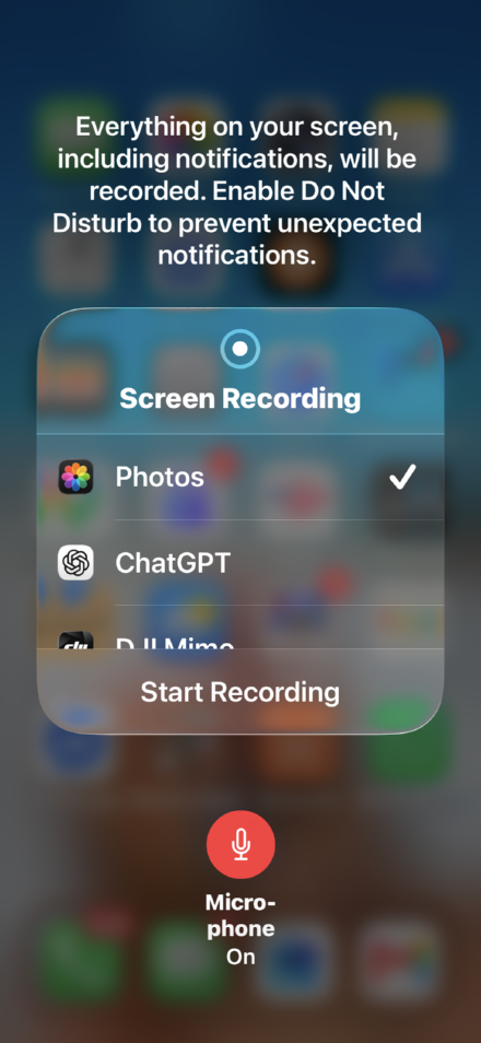 Screen Recording panel with Photos selected and Microphone On